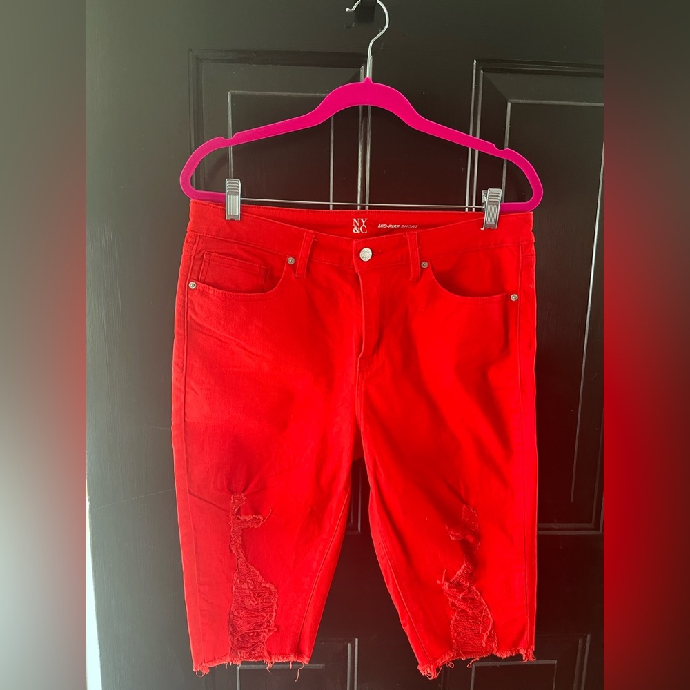 EUC NY&Co. SoHo Distressed Mid-Rise Jean Shorts - Size: 12 - Color: Red/Orange